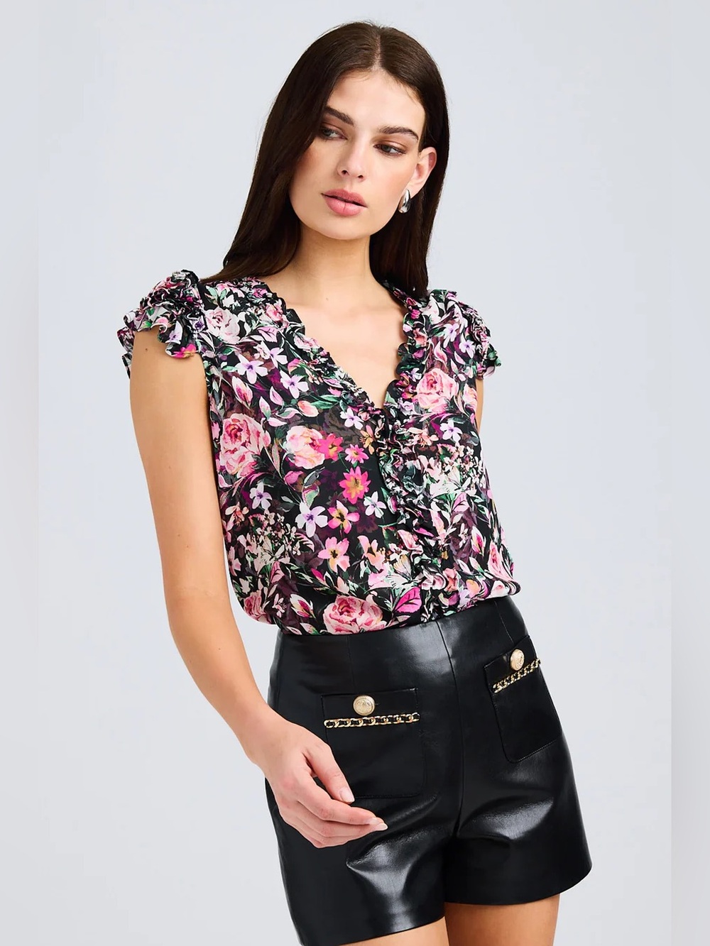 GENERATION LOVE Black Pink Floral Ruffle Blouse - Picture 1 of 7